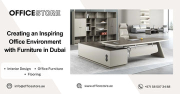 Modern office furniture setup in Dubai showroom including executive desk, ergonomic chair, storage shelves, and lounge area