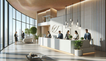 Modern office reception area with sleek white desk, pendant lights, indoor plants, and employees in business attire