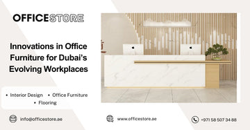 Modern office reception desk with marble finish, dual iMacs, wooden panel wall, and green bonsai decoration