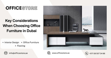 Modern office setup with dark wood desk, black leather chair, and minimalist cabinetry in Dubai office furniture showroom