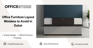 Modern office reception desk with wood and white panels against blue wall by Office Store Dubai