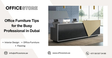 Modern office reception desk with black and beige geometric design, ergonomic chairs, and large windows in Dubai office