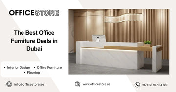 Modern marble and wood office reception desk with computer and decorative paneling in Dubai showroom