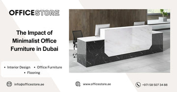 Modern minimalist office reception desk in Dubai with black and white marble finish and ergonomic chairs