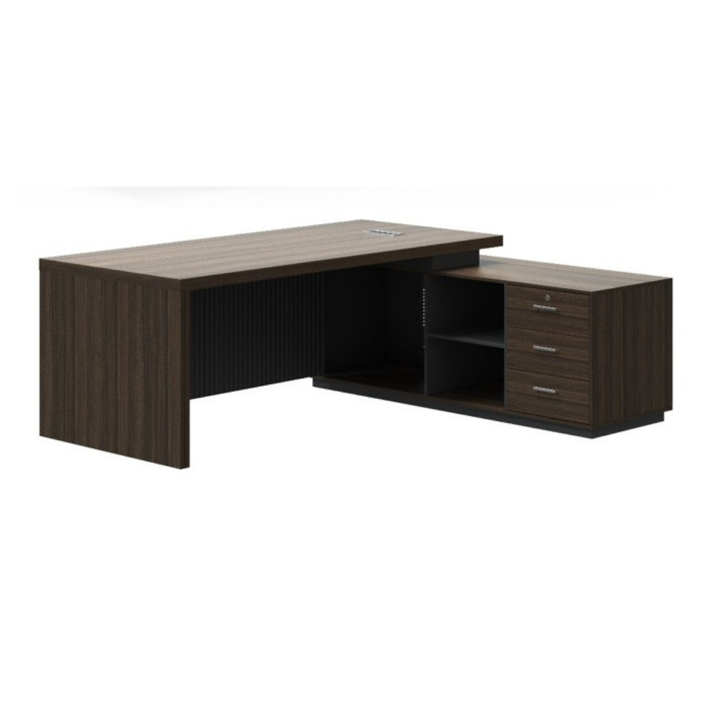 Modern EVO Executive Table with wood and black finish, featuring an L-shaped design and built-in storage compartment