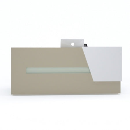 Modern reception table with minimalist design, beige and white finish, and integrated lighting strip.
