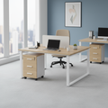 Modern office setup featuring Nova Series desks with light wood tops and white metal frames in a bright workspace