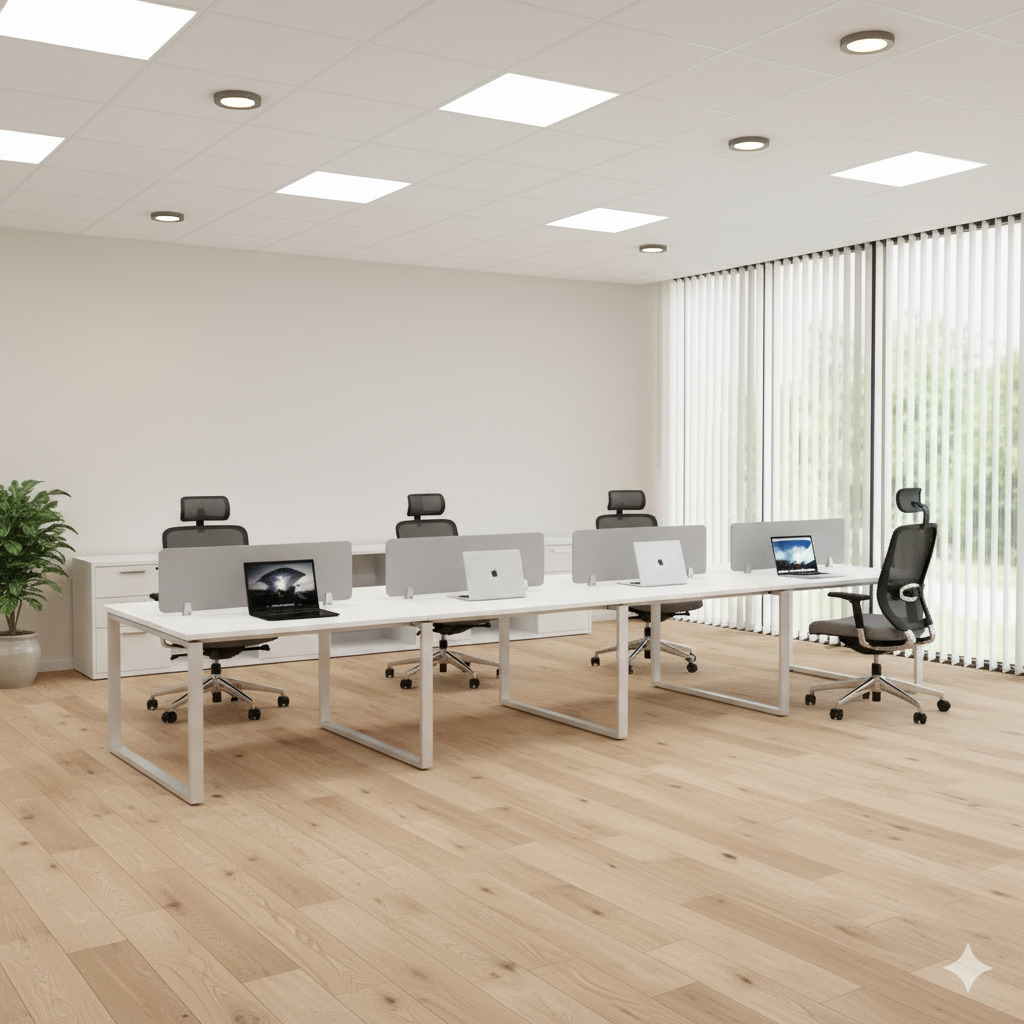 Modern office workspace featuring Aura Series ergonomic desks and chairs with sleek design and natural lighting.