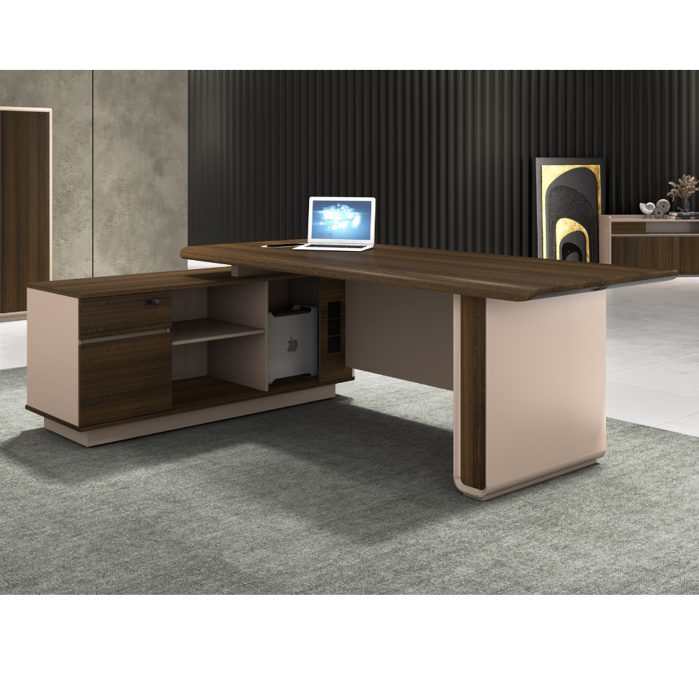 Modern L shaped desk with wood and beige finish in a contemporary office setting with laptop on top