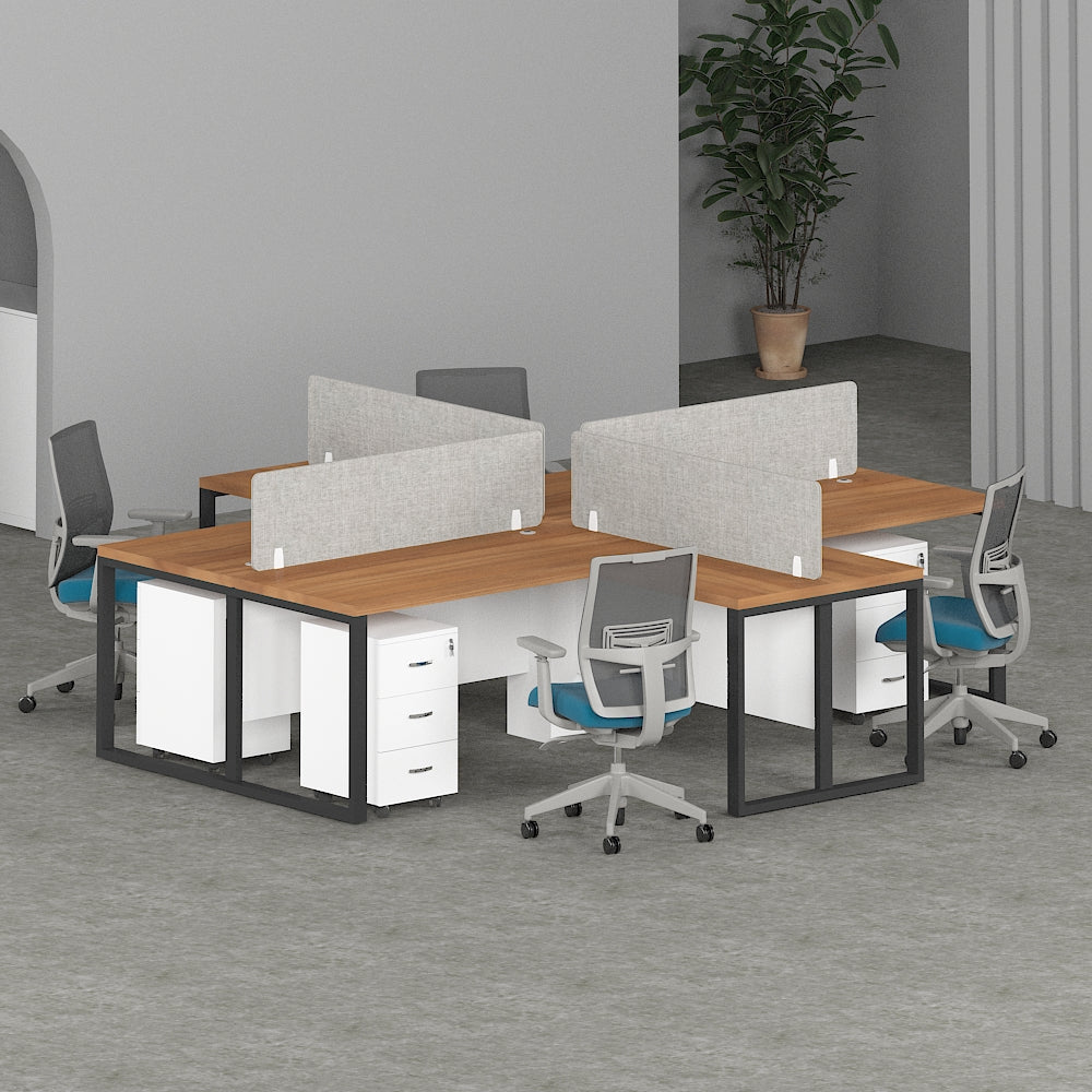 Milo Workstation Cluster of 4 in a cross-shape arrangement with face-to-face seating.