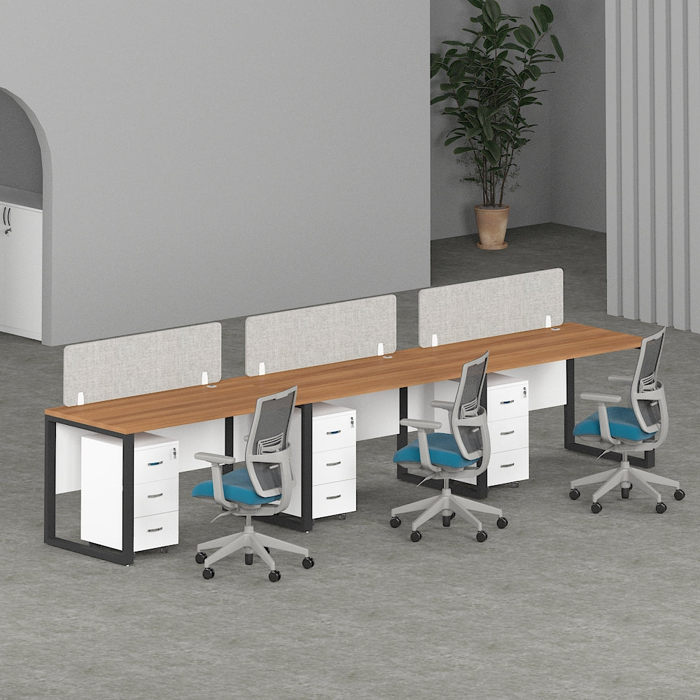 Milo Workstation In Loop Leg-3 Person (Linear Type) with chairs and divider panels.
