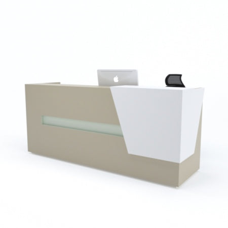 Modern reception table with minimalist design, beige and white finish, and integrated lighting strip.