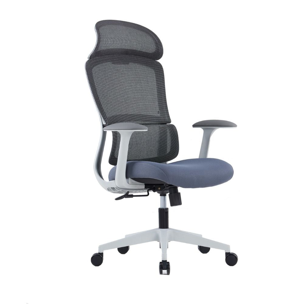Noah High Back Ergonomic Chair with mesh headrest, black plastic and glass fiber frame, T-shaped armrests, and PU molded foam.
