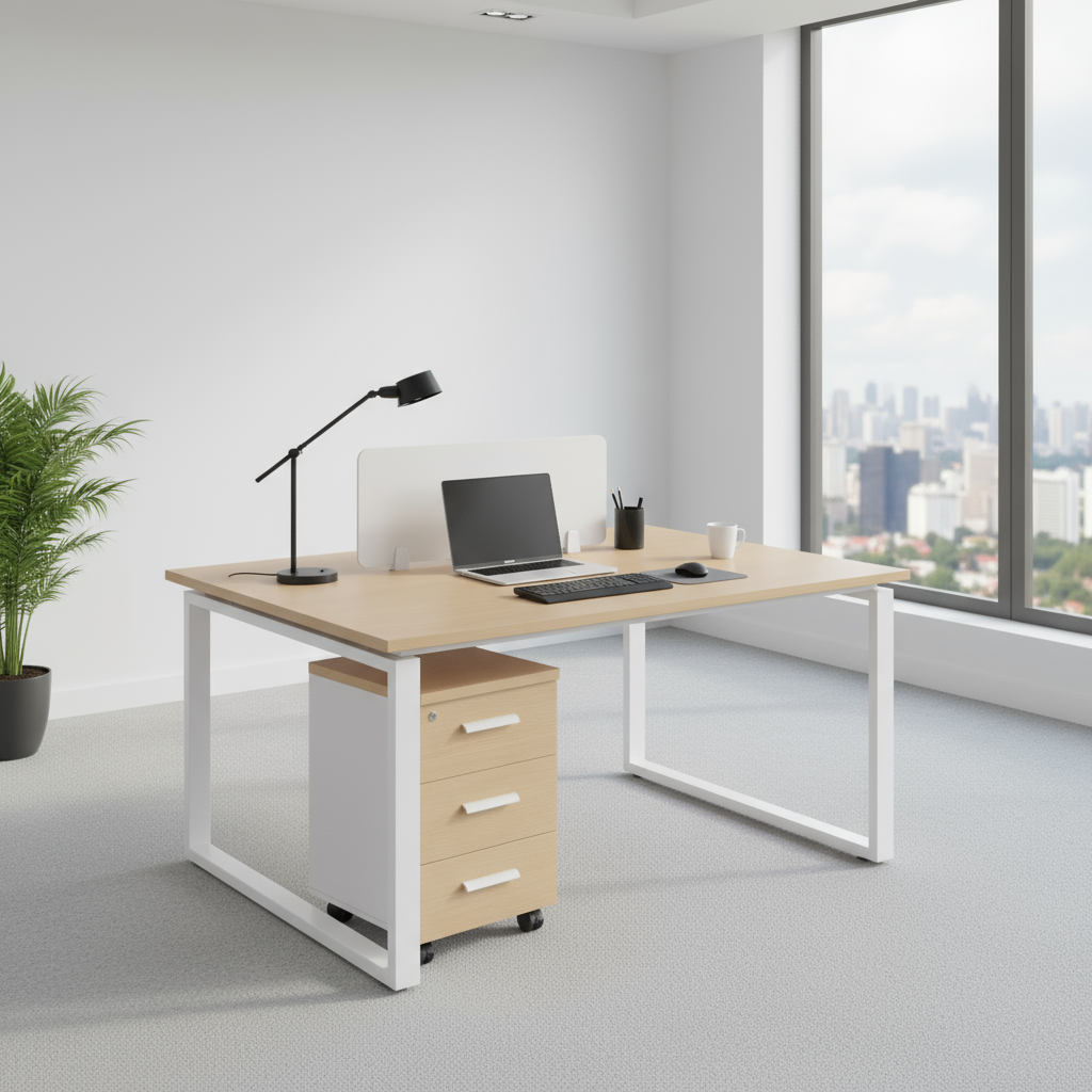 Modern office setup featuring Nova Series desks with light wood tops and white metal frames in a bright workspace