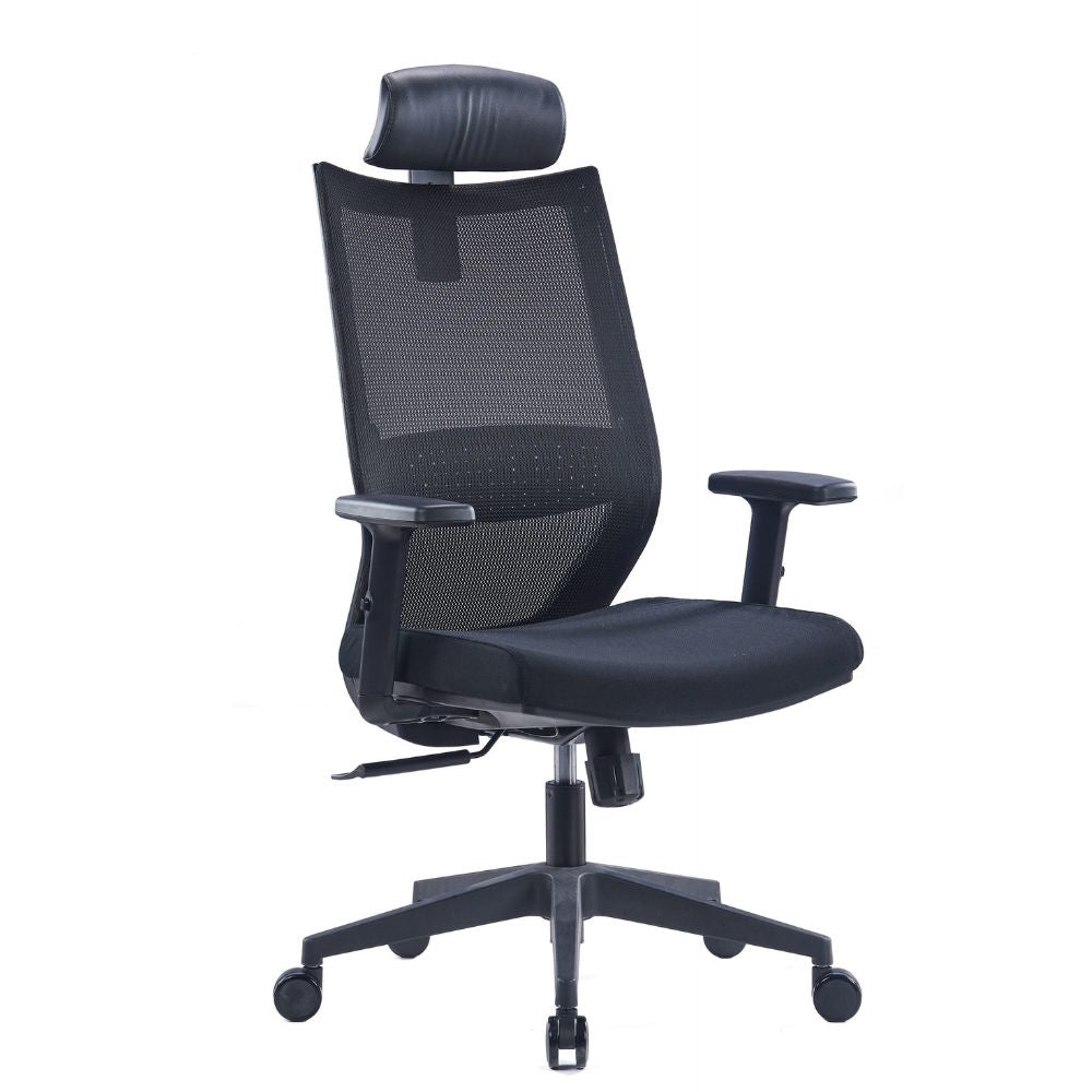 Vincent High Back Ergonomic Chair with adjustable headrest, breathable mesh backrest, and 5-star aluminum base in black.