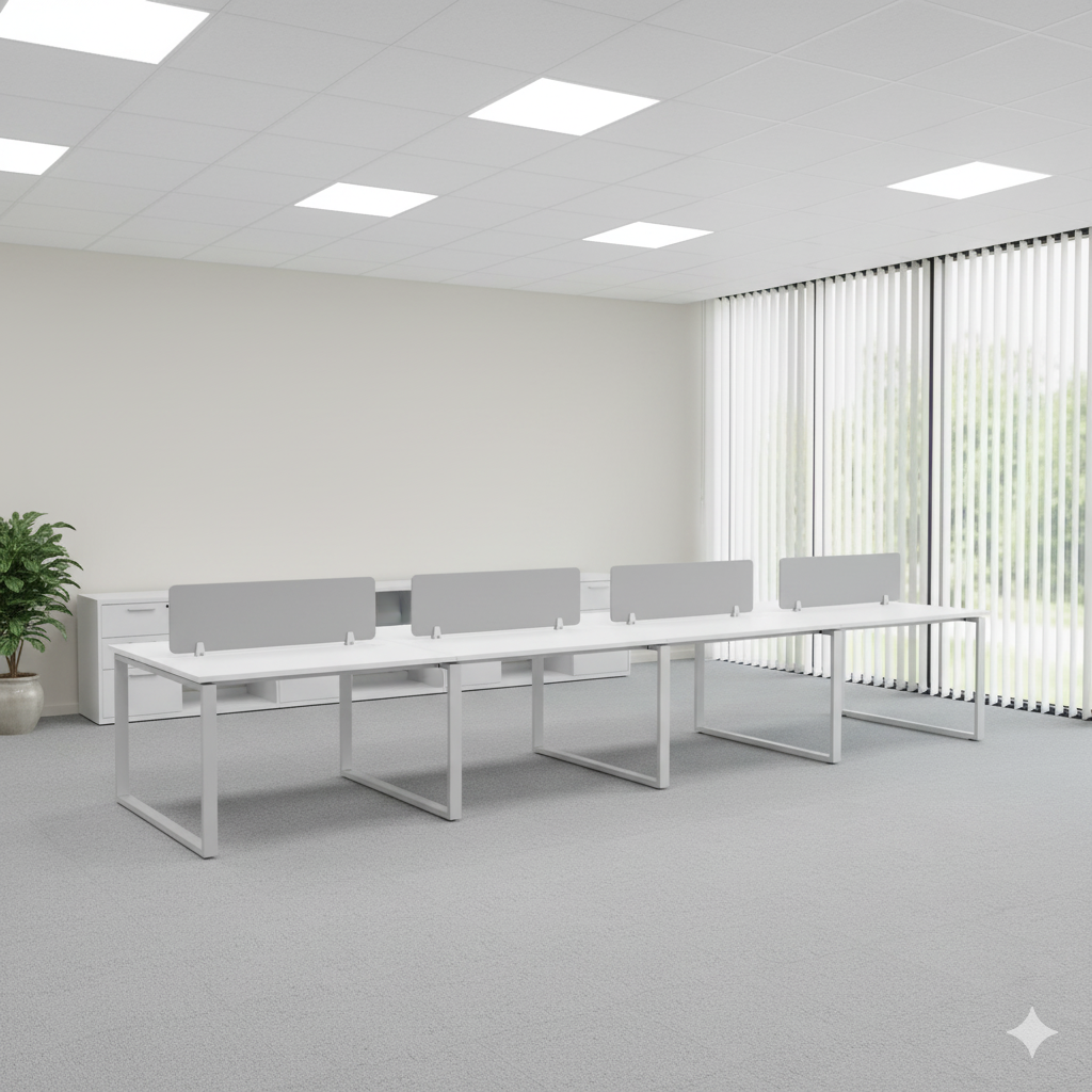 Modern office workspace featuring Aura Series ergonomic desks and chairs with sleek design and natural lighting.