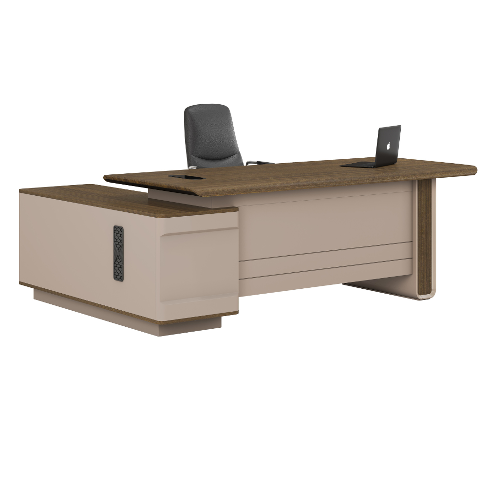 Modern L shaped desk with wood and beige finish in a contemporary office setting with laptop on top