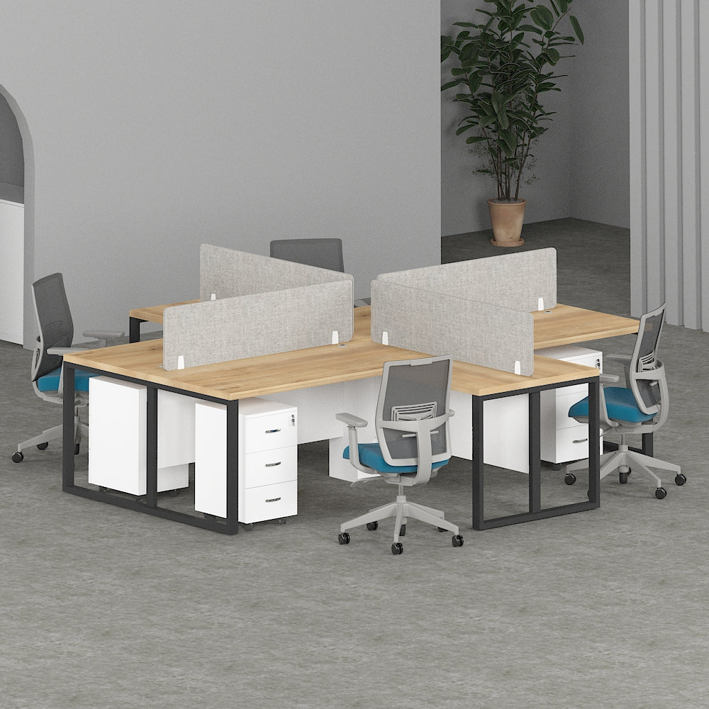 Milo Workstation Cluster of 4 in a cross-shape arrangement with face-to-face seating.