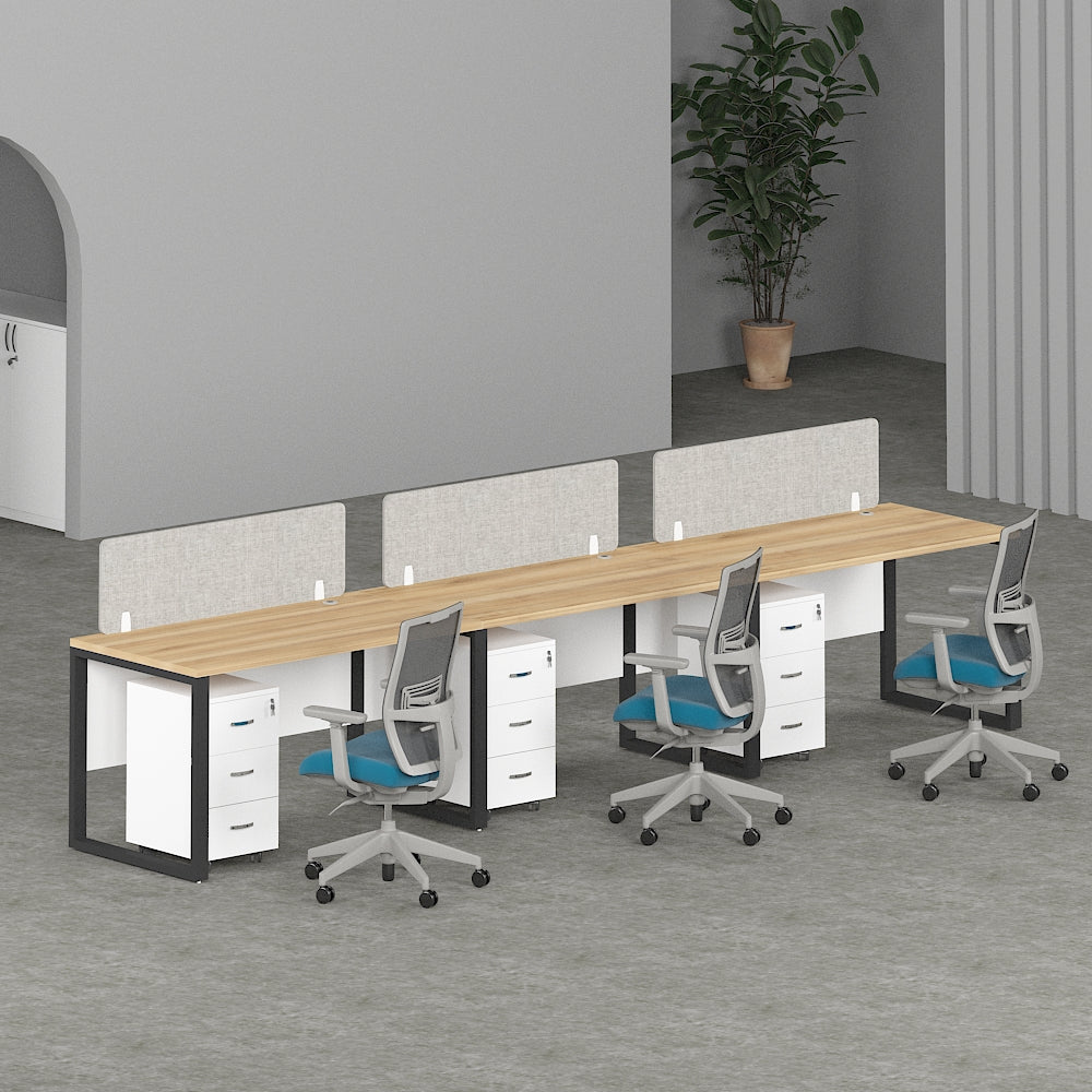 Milo Workstation In Loop Leg-3 Person (Linear Type) with chairs and divider panels.