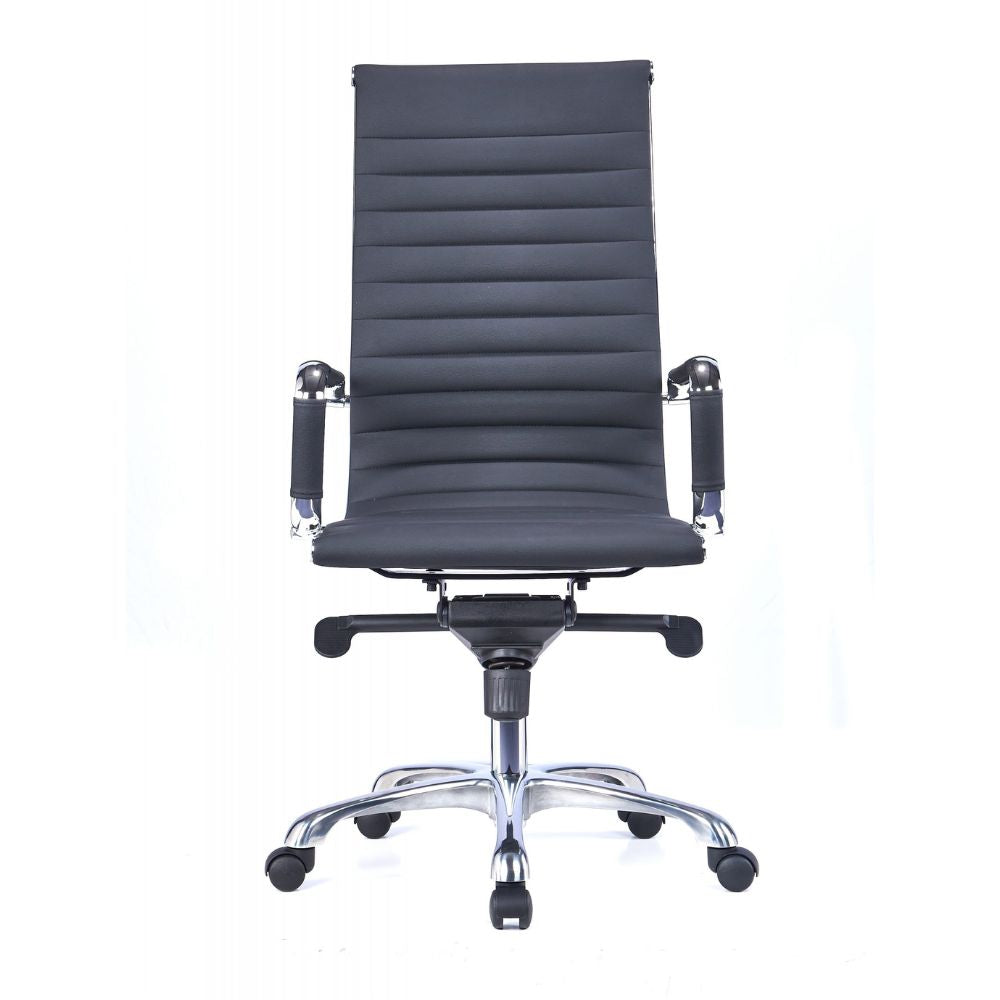 CH-021A-1 Ergonomic high back office chair in black with upholstered seat, chrome arms, tilting mechanism, and chrome base.