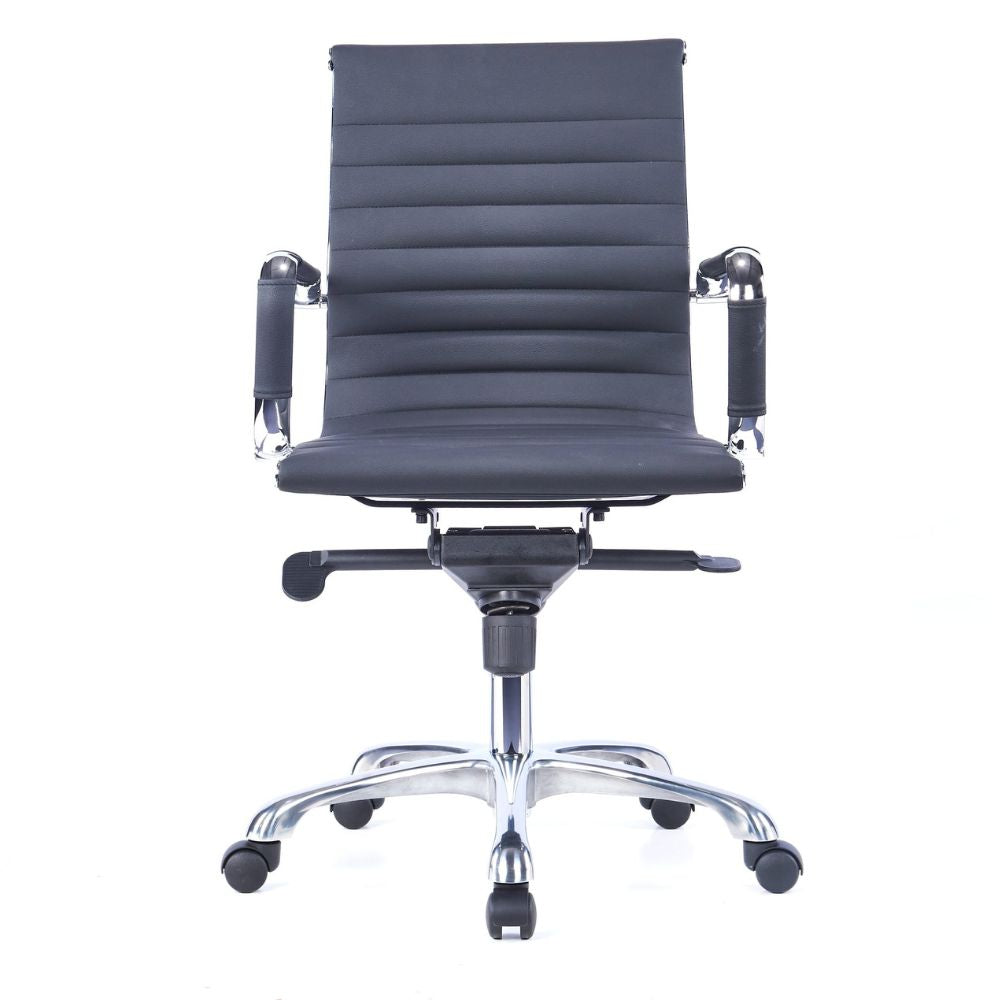 CH-021A-B Ergonomic medium back black office chair with PU cover, chrome armrests, aluminum base, and nylon casters