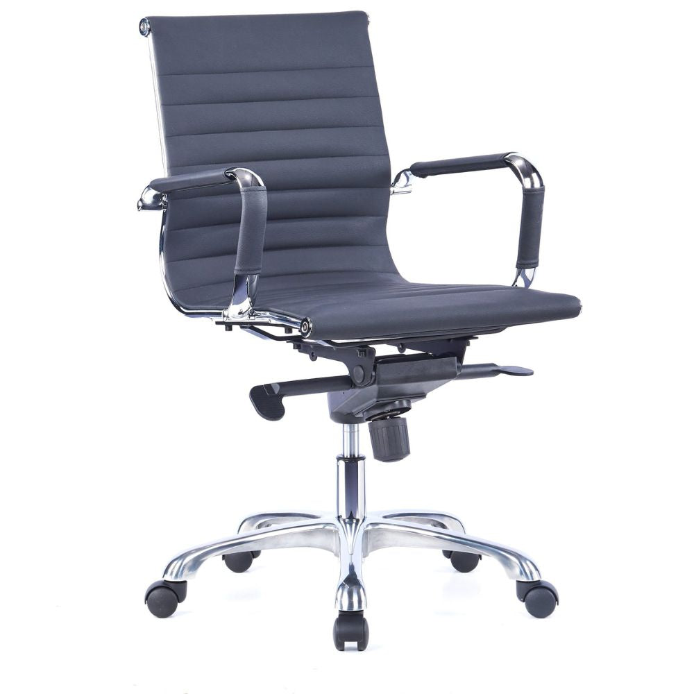 CH-021A-B Ergonomic medium back black office chair with PU cover, chrome armrests, aluminum base, and nylon casters