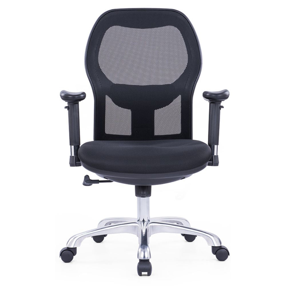 CH-096B1 ergonomic medium back office chair with mesh back, adjustable 2D armrests, lumbar support, high-density foam seat, aluminum base, and nylon casters