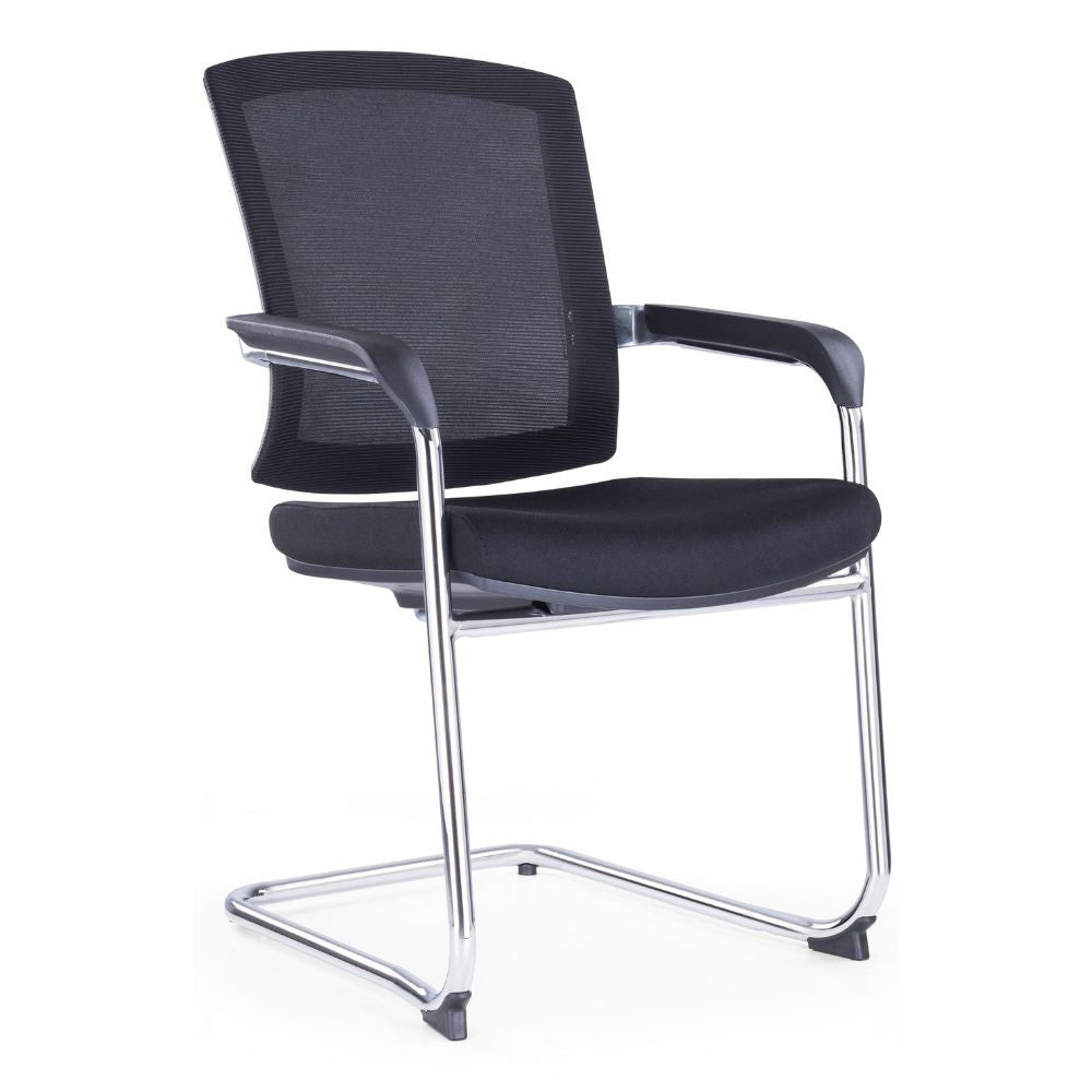 Black CH-163C visitor chair with nylon glass fiber frame, mesh back, high density foam seat, PP top armrest, and chrome legs