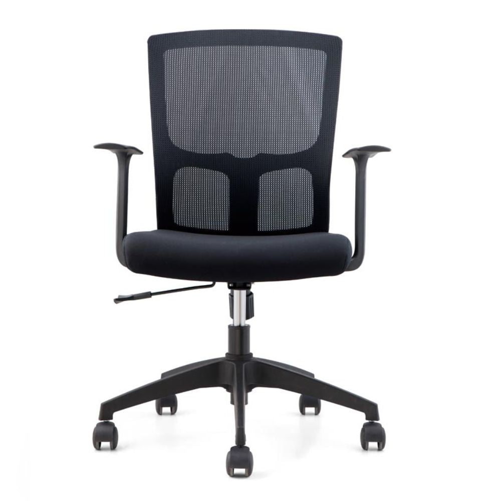 CH-183B Ergonomic medium back office chair with black PP frame, mesh backrest, padded seat, fixed T-shape armrests, and nylon base with casters