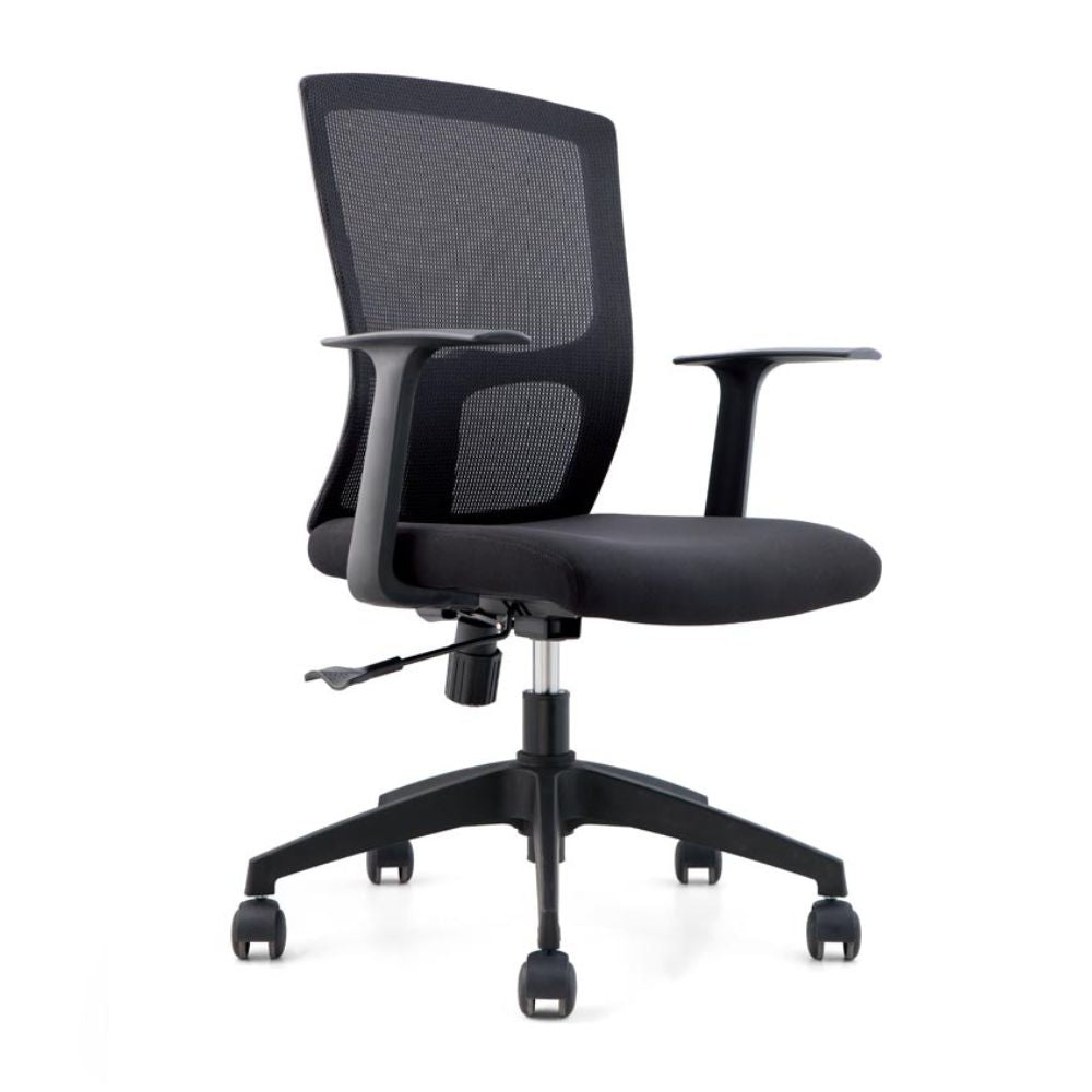 CH-183B Ergonomic medium back office chair with black PP frame, mesh backrest, padded seat, fixed T-shape armrests, and nylon base with casters