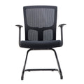 Black visitor chair with nylon glass fiber frame, mesh backrest, PP top armrest, and chrome legs.