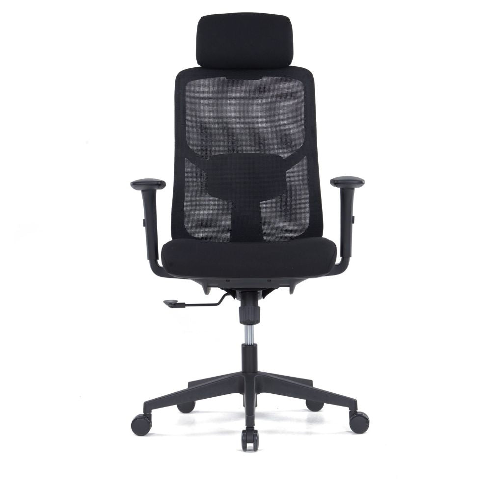 CH-226A Ergonomic High Back Chair with adjustable headrest, lumbar support, PU armrests, black mesh back, and nylon base with casters