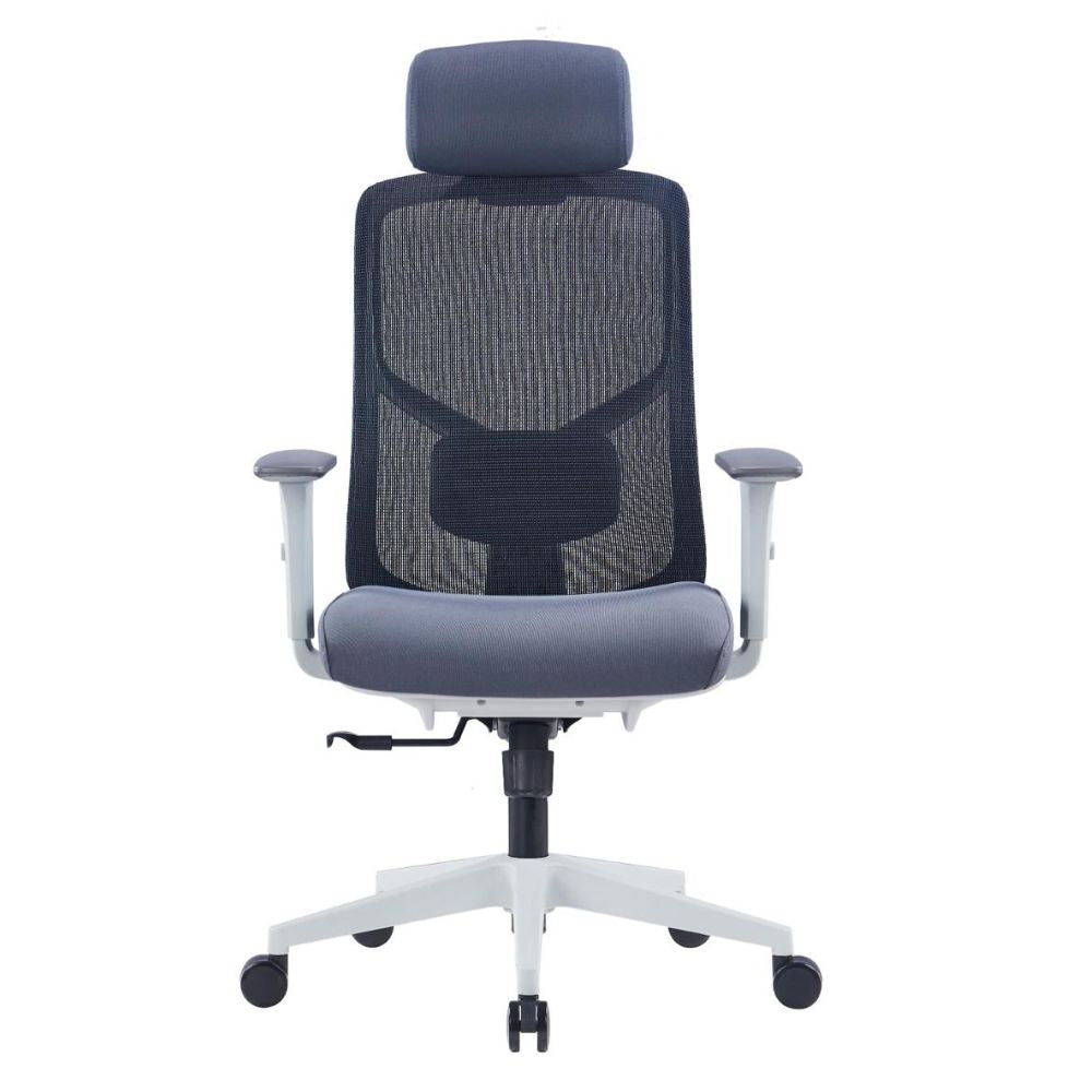 CH-226A Ergonomic High Back Chair with adjustable headrest, lumbar support, armrests, grey fabric and nylon base with casters
