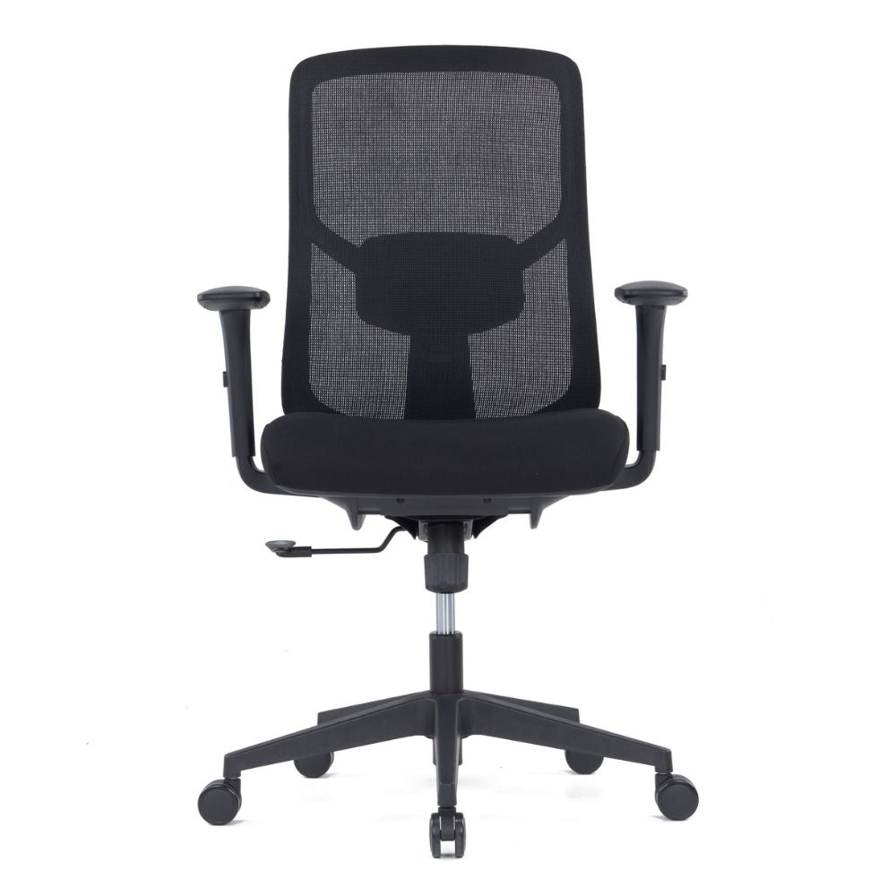 Black ergonomic medium back office chair with adjustable lumbar support and armrests