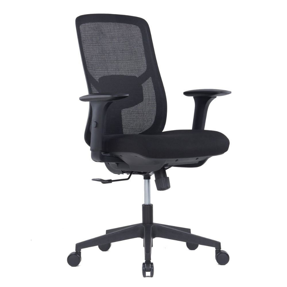 Black ergonomic medium back office chair with adjustable lumbar support and armrests