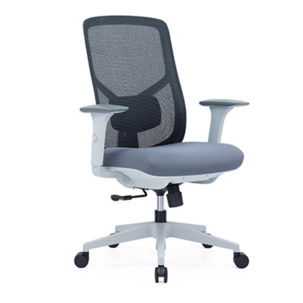 Grey CH-226B ergonomic medium back office chair with adjustable lumbar support and armrests, synchro tilt mechanism, and nylon base with casters