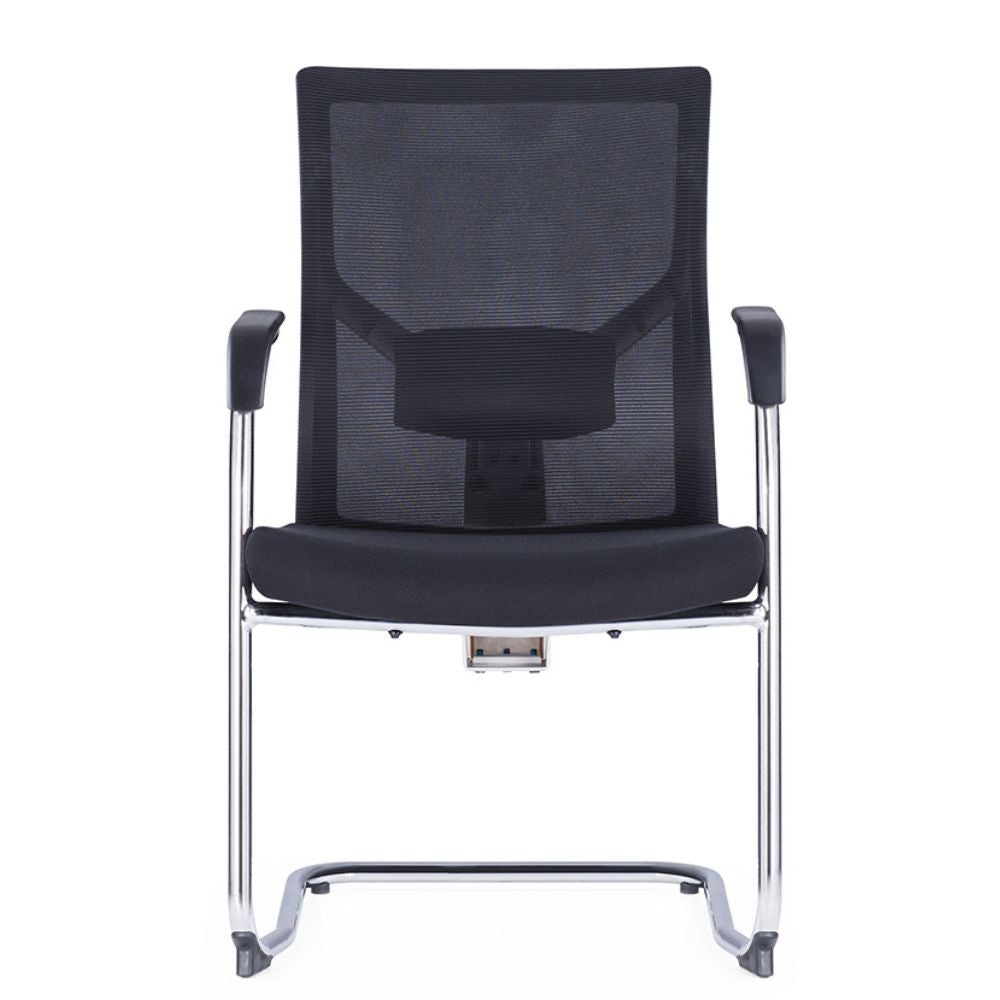 CH-226C-BS Visitor Chair with white frame, black mesh back, black fabric seat, and fixed black armrests