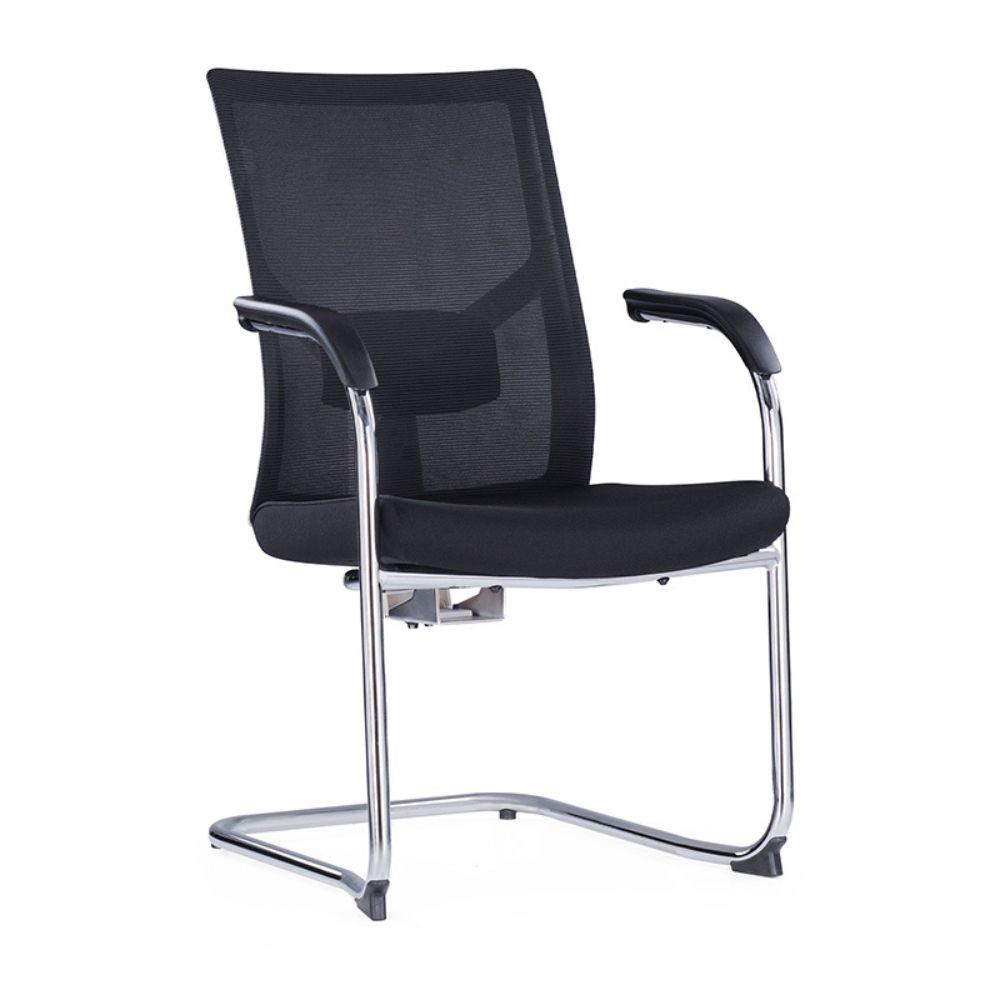 CH-226C-BS Visitor Chair with white frame, black mesh back, black fabric seat, and fixed black armrests