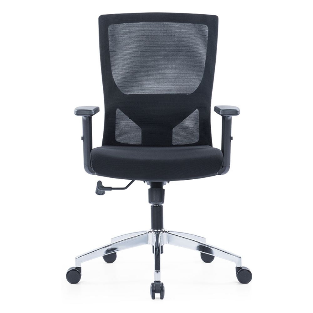 CH-229B ergonomic medium back office chair with adjustable armrests, lumbar support, mesh back, and chrome base with casters