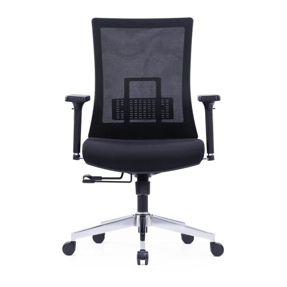 CH-247B ergonomic medium back office chair with adjustable lumbar support, black mesh back, PU top 3D armrests, moulded foam seat, chrome base, and black casters