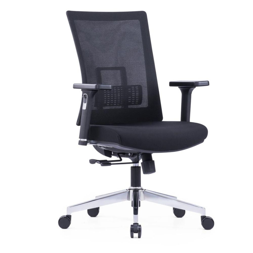 CH-247B ergonomic medium back office chair with adjustable lumbar support, black mesh back, PU top 3D armrests, moulded foam seat, chrome base, and black casters