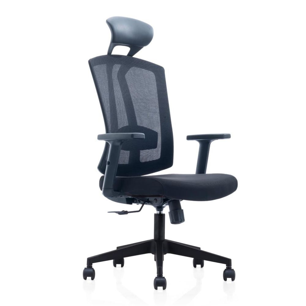 CH-267A-NL Ergonomic high back office chair with fixed headrest, mesh back, adjustable lumbar support, PU armrests, and black nylon base with casters