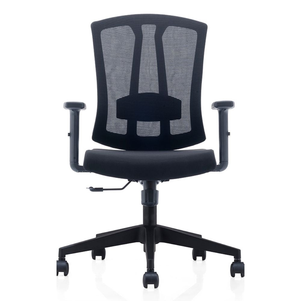 Ergonomic medium back office chair with black nylon frame, adjustable lumbar support, mesh back, moulded foam cushion, adjustable armrests, and nylon caster base