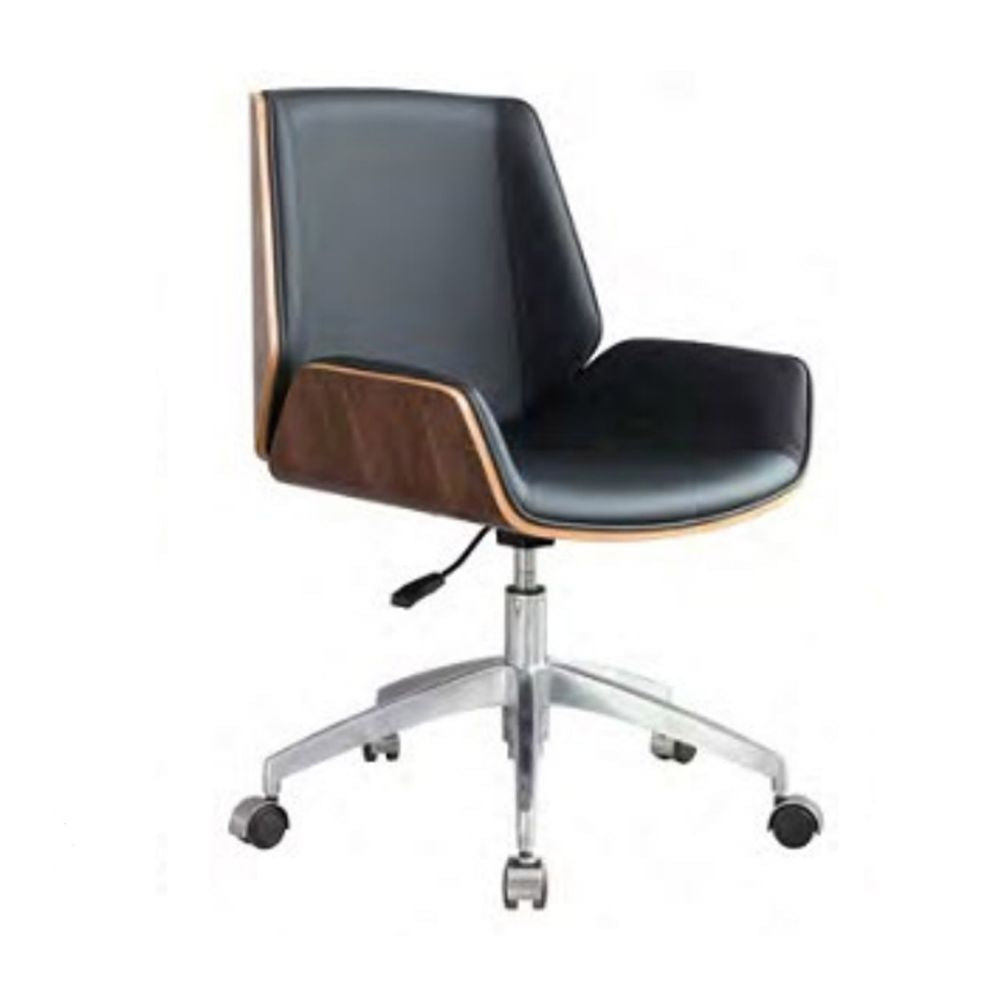CH-269B ergonomic medium back office chair with black PU leather upholstery, chrome gas lift, aluminum base, and smooth PU casters.