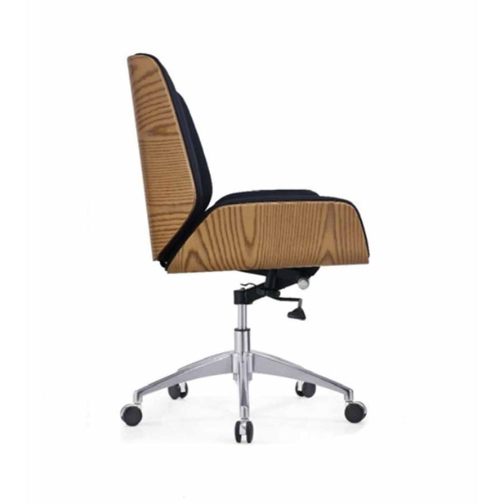CH-269B ergonomic medium back office chair with black PU leather upholstery, chrome gas lift, aluminum base, and smooth PU casters.