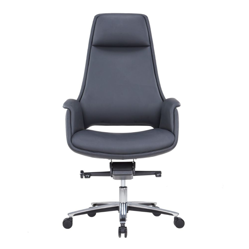 Black ergonomic high back office chair with leatherette upholstery and padded armrests on aluminum base with casters