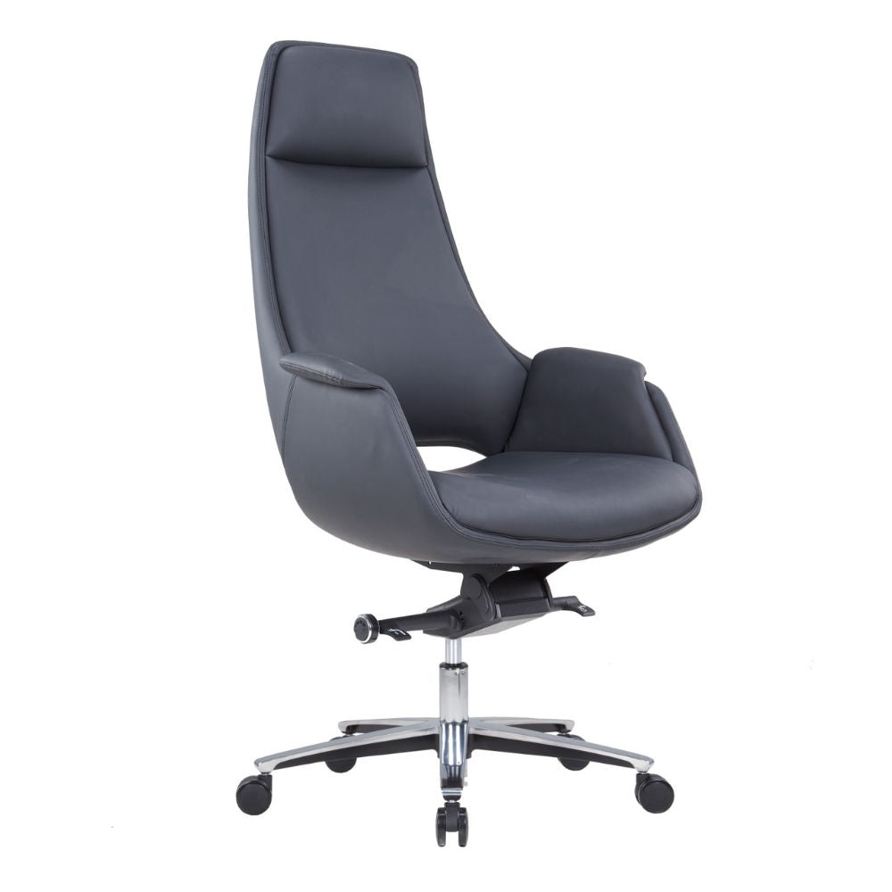 Black ergonomic high back office chair with leatherette upholstery and padded armrests on aluminum base with casters