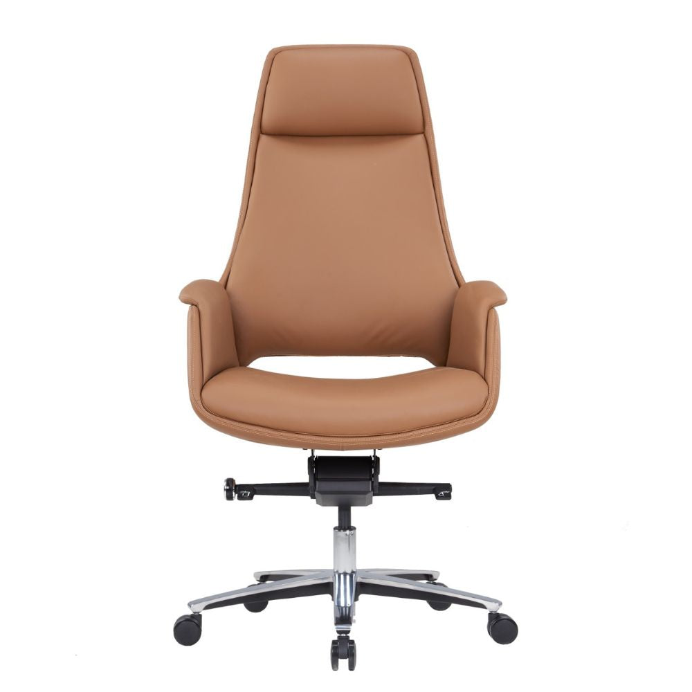 Brown leatherette ergonomic high back chair with padded armrests and aluminum base