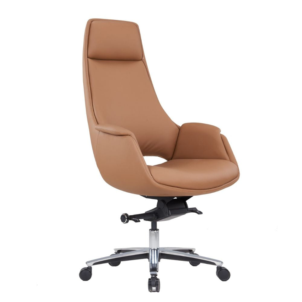 Brown leatherette ergonomic high back chair with padded armrests and aluminum base