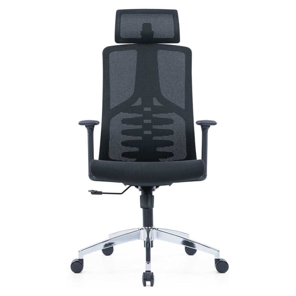 CH-359A Ergonomic High Back Chair with black mesh back, adjustable headrest, lumbar support, 2D armrests, chrome base, and nylon casters
